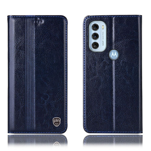 Leather Case Stands Flip Cover Holder H05P for Motorola Moto G71 5G Blue