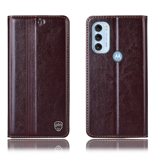 Leather Case Stands Flip Cover Holder H05P for Motorola Moto G71 5G Brown