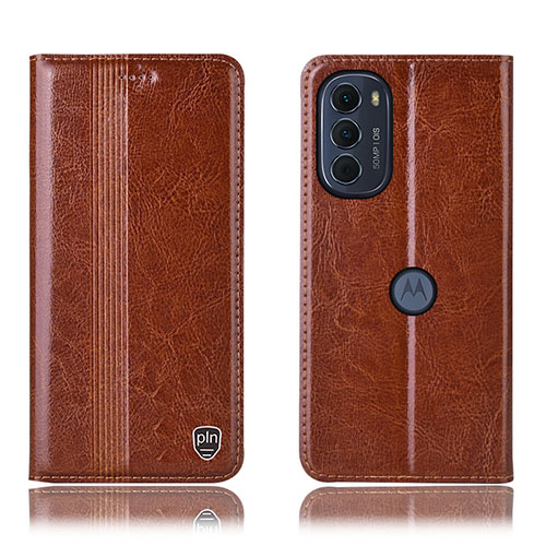 Leather Case Stands Flip Cover Holder H05P for Motorola Moto G71s 5G Light Brown