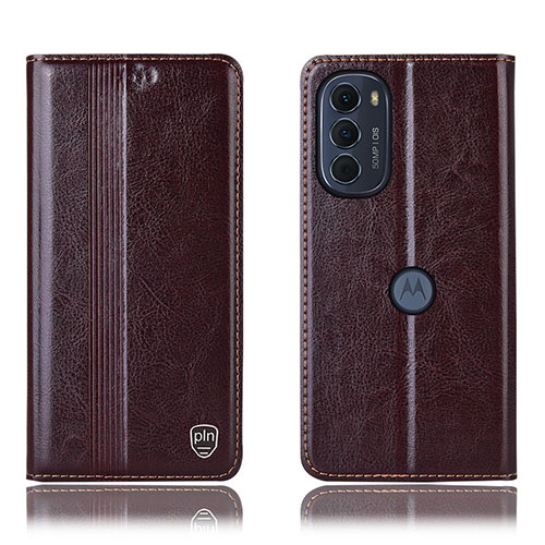 Leather Case Stands Flip Cover Holder H05P for Motorola Moto G82 5G Brown