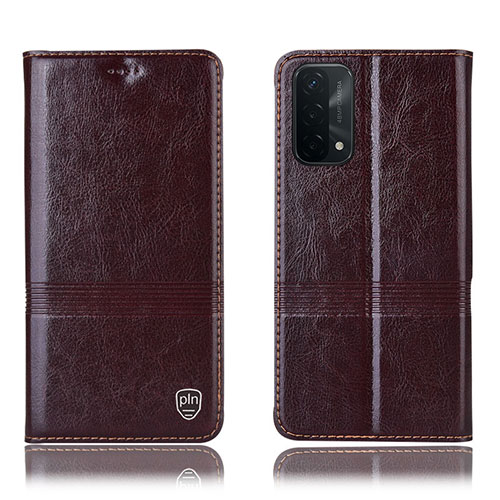 Leather Case Stands Flip Cover Holder H05P for Oppo A54 5G Brown