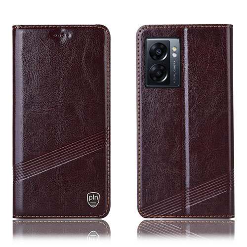 Leather Case Stands Flip Cover Holder H05P for Oppo A57 5G Brown