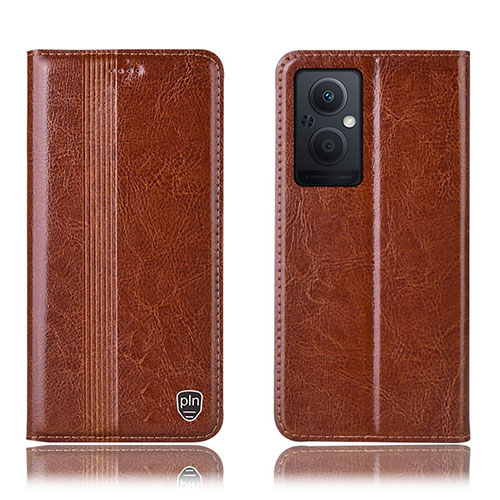 Leather Case Stands Flip Cover Holder H05P for Oppo F21 Pro 5G Light Brown