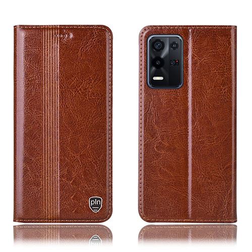 Leather Case Stands Flip Cover Holder H05P for Oppo K9X 5G Light Brown