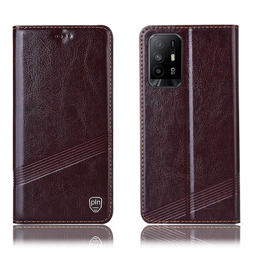 Leather Case Stands Flip Cover Holder H05P for Oppo Reno5 Z 5G Brown