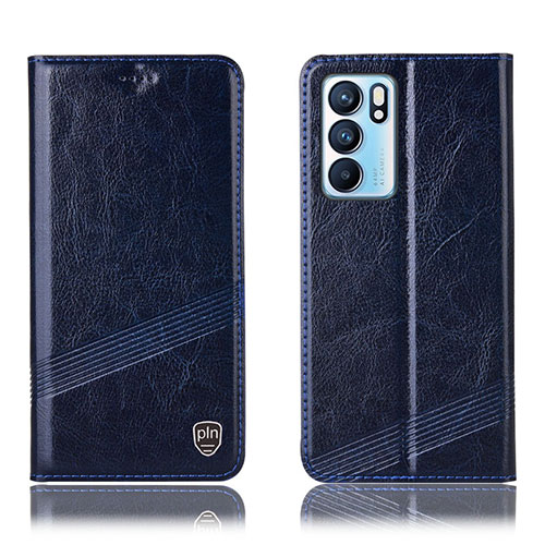 Leather Case Stands Flip Cover Holder H05P for Oppo Reno6 5G Blue