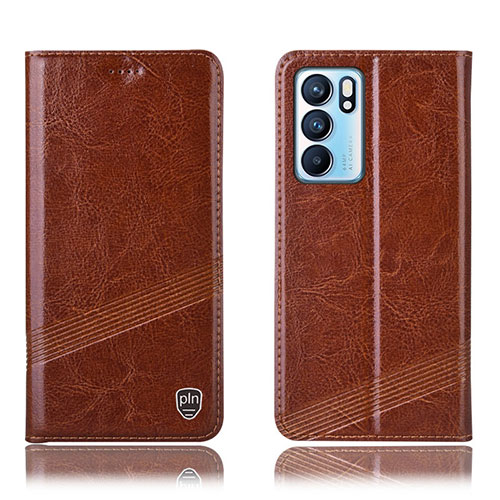 Leather Case Stands Flip Cover Holder H05P for Oppo Reno6 5G Light Brown