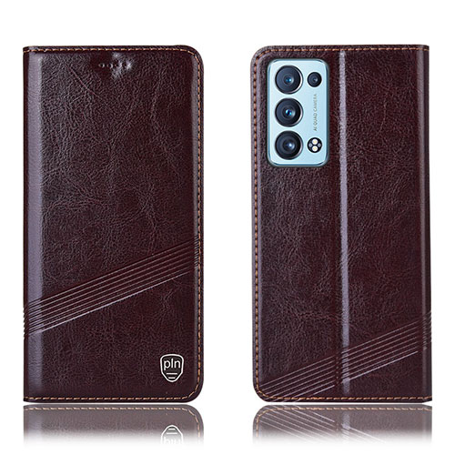 Leather Case Stands Flip Cover Holder H05P for Oppo Reno6 Pro 5G Brown