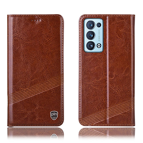 Leather Case Stands Flip Cover Holder H05P for Oppo Reno6 Pro+ Plus 5G Light Brown