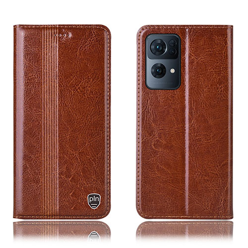 Leather Case Stands Flip Cover Holder H05P for Oppo Reno7 Pro 5G Light Brown