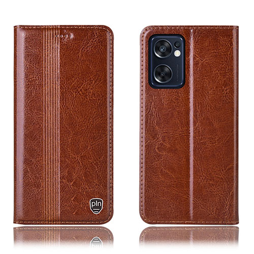 Leather Case Stands Flip Cover Holder H05P for Oppo Reno7 SE 5G Light Brown