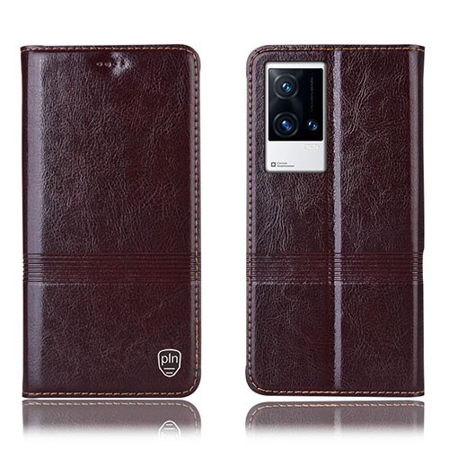 Leather Case Stands Flip Cover Holder H05P for Vivo iQOO 8 Pro 5G Brown