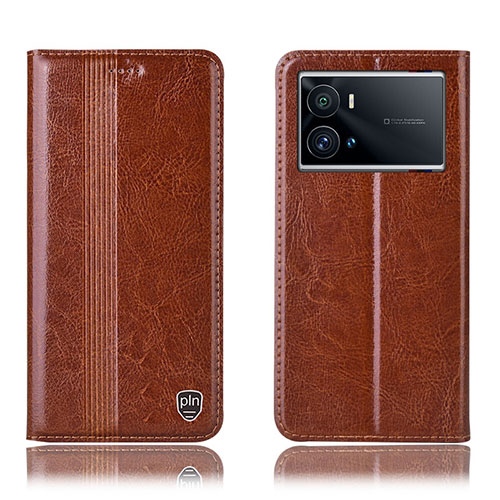 Leather Case Stands Flip Cover Holder H05P for Vivo iQOO 9 5G Light Brown