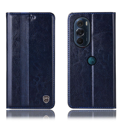 Leather Case Stands Flip Cover Holder H06P for Motorola Moto Edge Plus (2022) 5G Blue