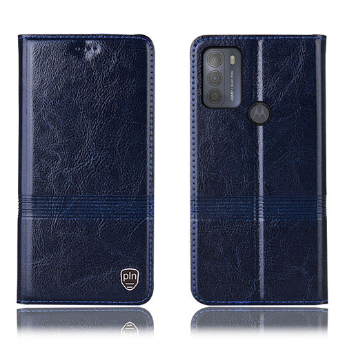 Leather Case Stands Flip Cover Holder H06P for Motorola Moto G50 Blue