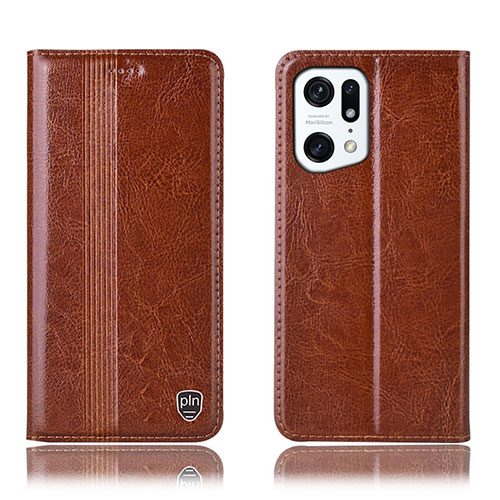 Leather Case Stands Flip Cover Holder H06P for Oppo Find X5 Pro 5G Light Brown