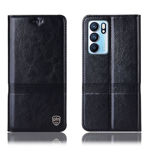Leather Case Stands Flip Cover Holder H06P for Oppo Reno6 5G Black