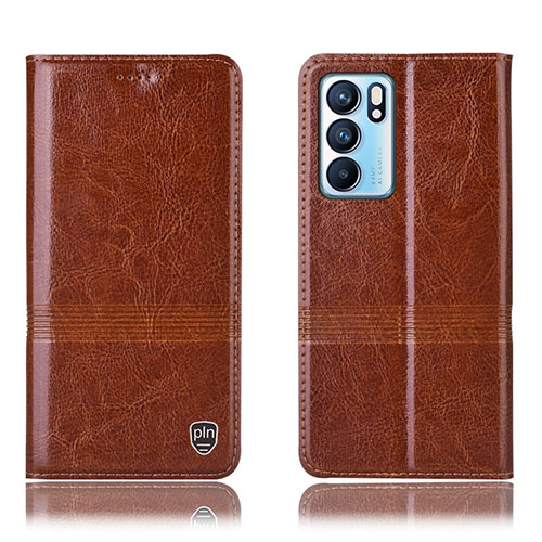 Leather Case Stands Flip Cover Holder H06P for Oppo Reno6 5G Light Brown