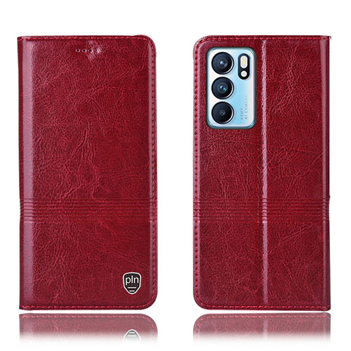 Leather Case Stands Flip Cover Holder H06P for Oppo Reno6 5G Red