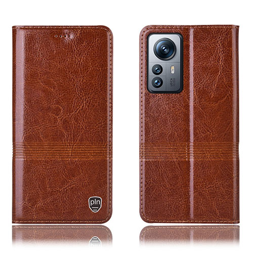 Leather Case Stands Flip Cover Holder H06P for Xiaomi Mi 12 Pro 5G Light Brown