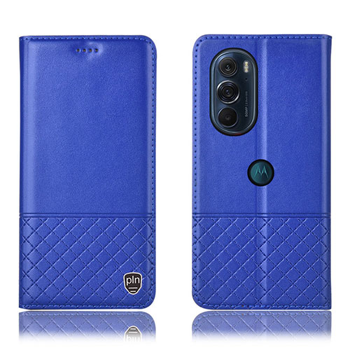 Leather Case Stands Flip Cover Holder H07P for Motorola Moto Edge 30 Pro 5G Blue