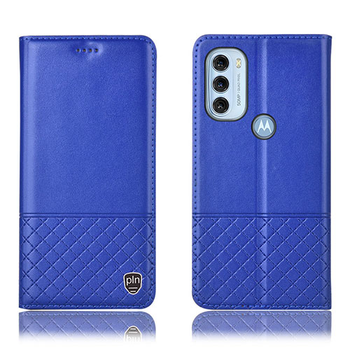 Leather Case Stands Flip Cover Holder H07P for Motorola Moto G71 5G Blue