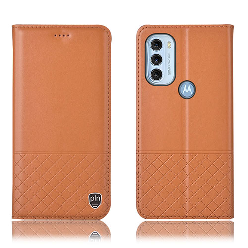 Leather Case Stands Flip Cover Holder H07P for Motorola Moto G71 5G Orange