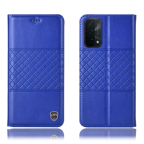 Leather Case Stands Flip Cover Holder H07P for Oppo A74 5G Blue