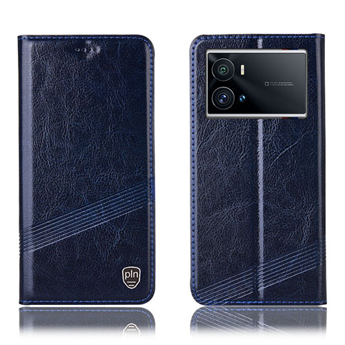 Leather Case Stands Flip Cover Holder H07P for Vivo iQOO 9 5G Blue