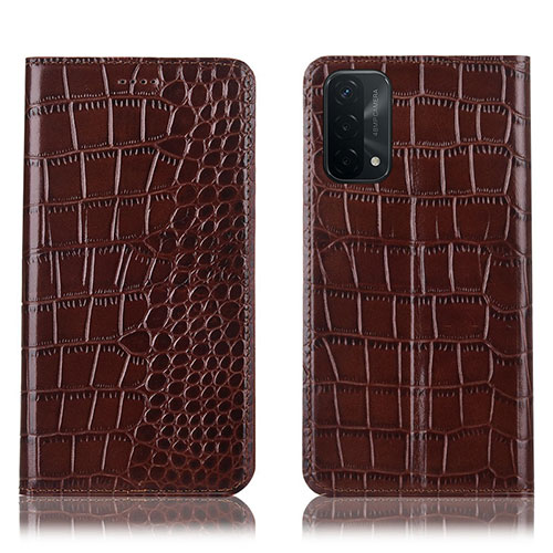 Leather Case Stands Flip Cover Holder H08P for Oppo A54 5G Brown