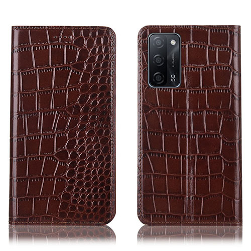 Leather Case Stands Flip Cover Holder H08P for Oppo A55 5G Brown