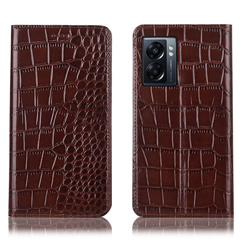 Leather Case Stands Flip Cover Holder H08P for Oppo A56S 5G Brown