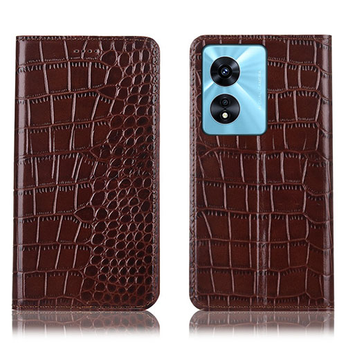 Leather Case Stands Flip Cover Holder H08P for Oppo A58 5G Brown