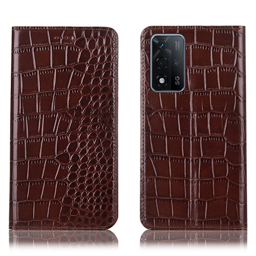 Leather Case Stands Flip Cover Holder H08P for Oppo A93s 5G Brown