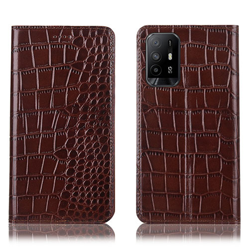 Leather Case Stands Flip Cover Holder H08P for Oppo A94 5G Brown