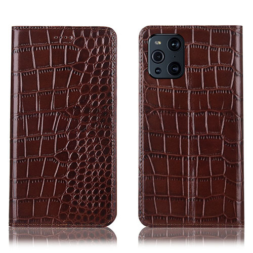 Leather Case Stands Flip Cover Holder H08P for Oppo Find X3 5G Brown