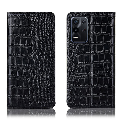 Leather Case Stands Flip Cover Holder H08P for Oppo K9X 5G Black