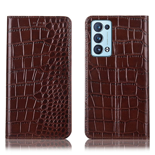 Leather Case Stands Flip Cover Holder H08P for Oppo Reno6 Pro 5G Brown