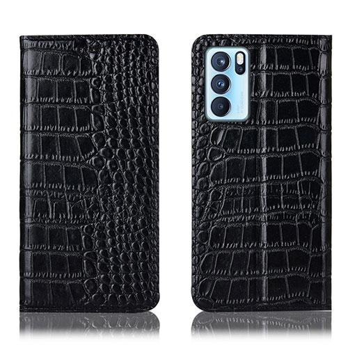 Leather Case Stands Flip Cover Holder H08P for Oppo Reno6 Pro 5G India Black