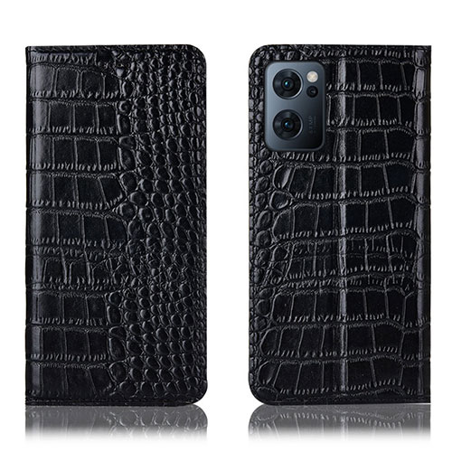 Leather Case Stands Flip Cover Holder H08P for Oppo Reno7 5G Black