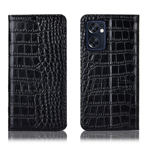 Leather Case Stands Flip Cover Holder H08P for Oppo Reno7 SE 5G Black