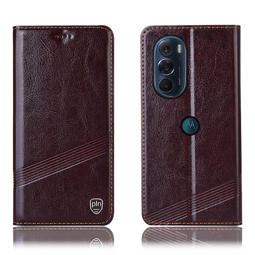 Leather Case Stands Flip Cover Holder H09P for Motorola Moto Edge 30 Pro 5G Brown