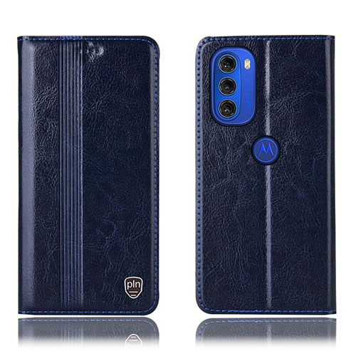 Leather Case Stands Flip Cover Holder H09P for Motorola Moto G51 5G Blue