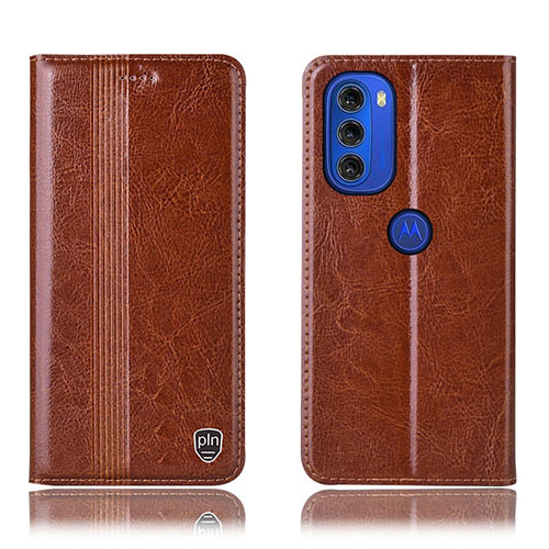 Leather Case Stands Flip Cover Holder H09P for Motorola Moto G51 5G Light Brown