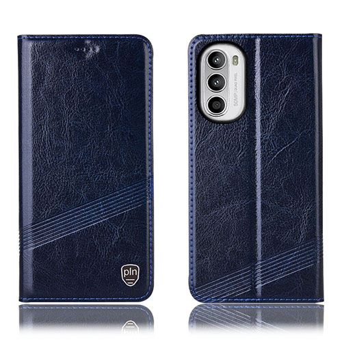 Leather Case Stands Flip Cover Holder H09P for Motorola MOTO G52 Blue