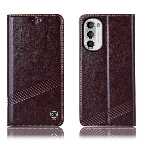 Leather Case Stands Flip Cover Holder H09P for Motorola Moto G82 5G Brown