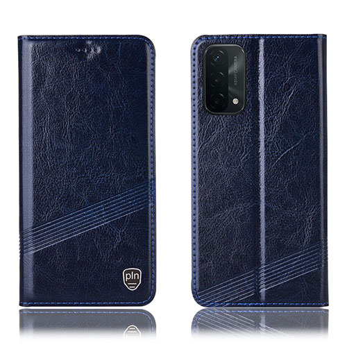 Leather Case Stands Flip Cover Holder H09P for Oppo A74 5G Blue