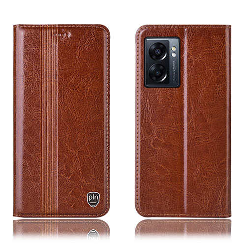Leather Case Stands Flip Cover Holder H09P for Oppo A77 5G Light Brown