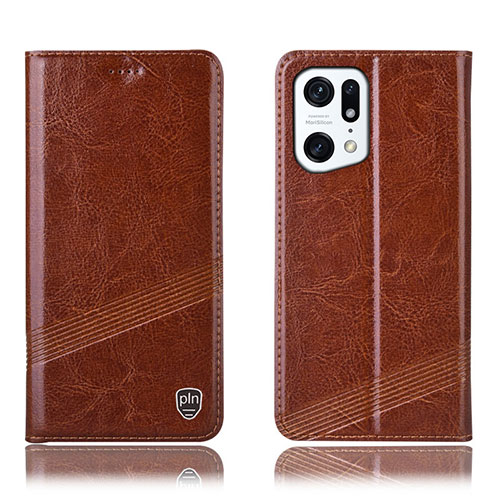 Leather Case Stands Flip Cover Holder H09P for Oppo Find X5 5G Light Brown
