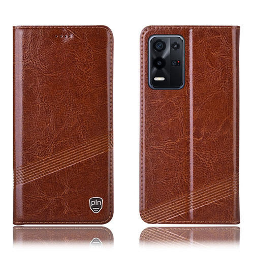 Leather Case Stands Flip Cover Holder H09P for Oppo K9X 5G Light Brown